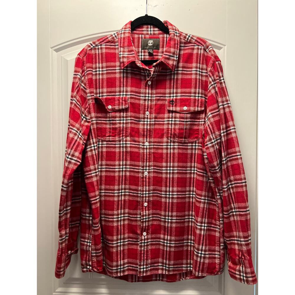 Timberland Men’s Regular Fit Plaid Flannel Button Front‎ Work Shirt Size XL Red